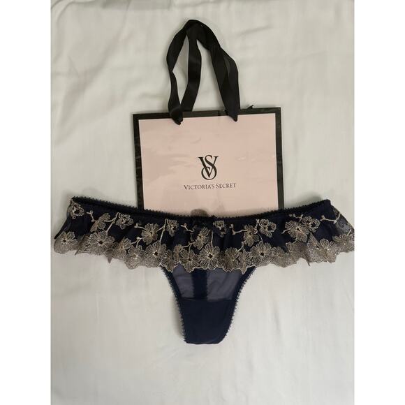 NWT Victoria’s Secret Black Sheer & Lace Thong Panty Navy & Gold Size M 2012 - Picture 1 of 3